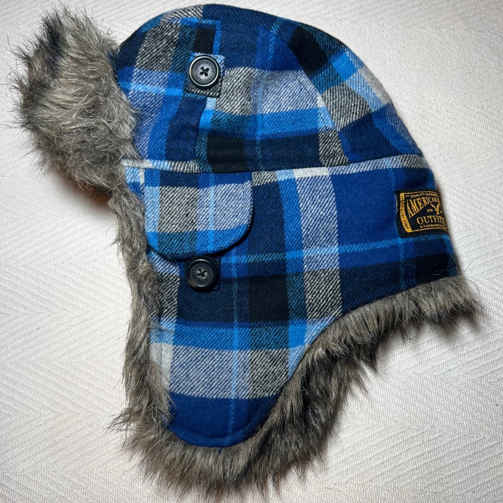 American‎ Eagle Outfitters Mens Blue Plaid Trapper Hat Faux Fur Ear Flap